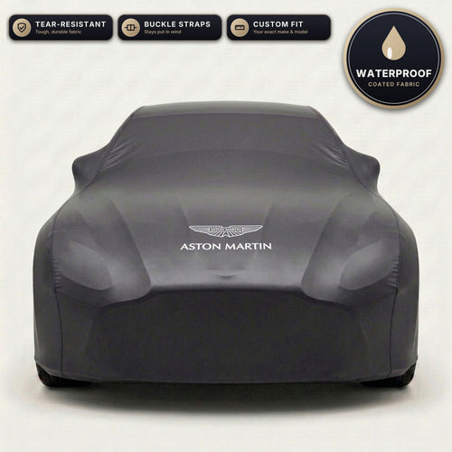 Black Aston Martin outdoor car cover, waterproof and custom fit, with printed Aston Martin logo