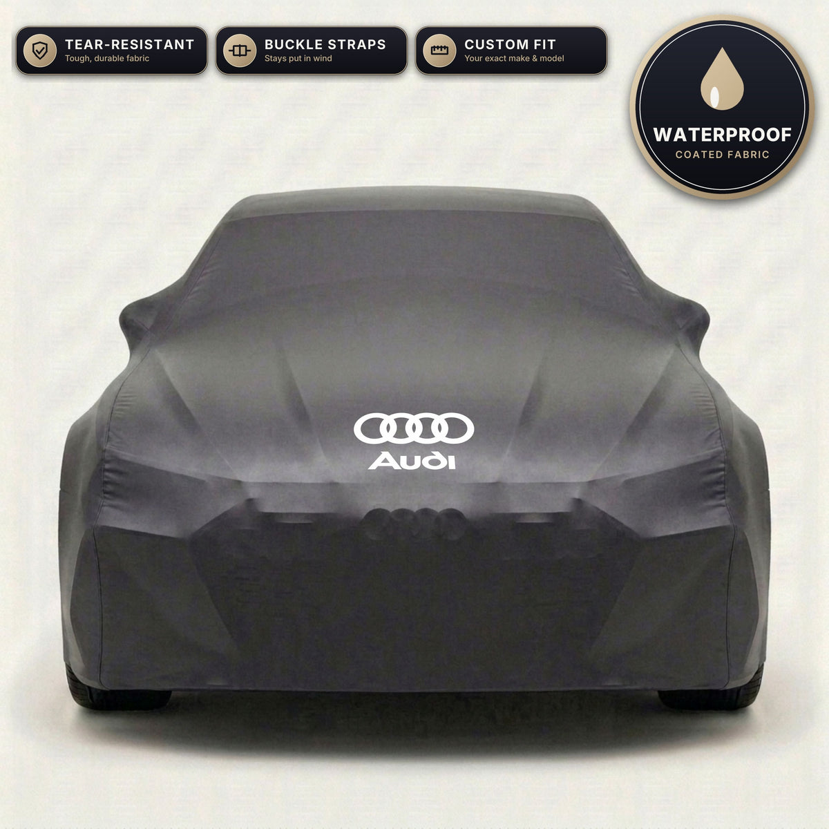 Black Audi outdoor car cover, waterproof and custom fit, with printed Audi logo