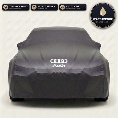 Black Audi outdoor car cover, waterproof and custom fit, with printed Audi logo