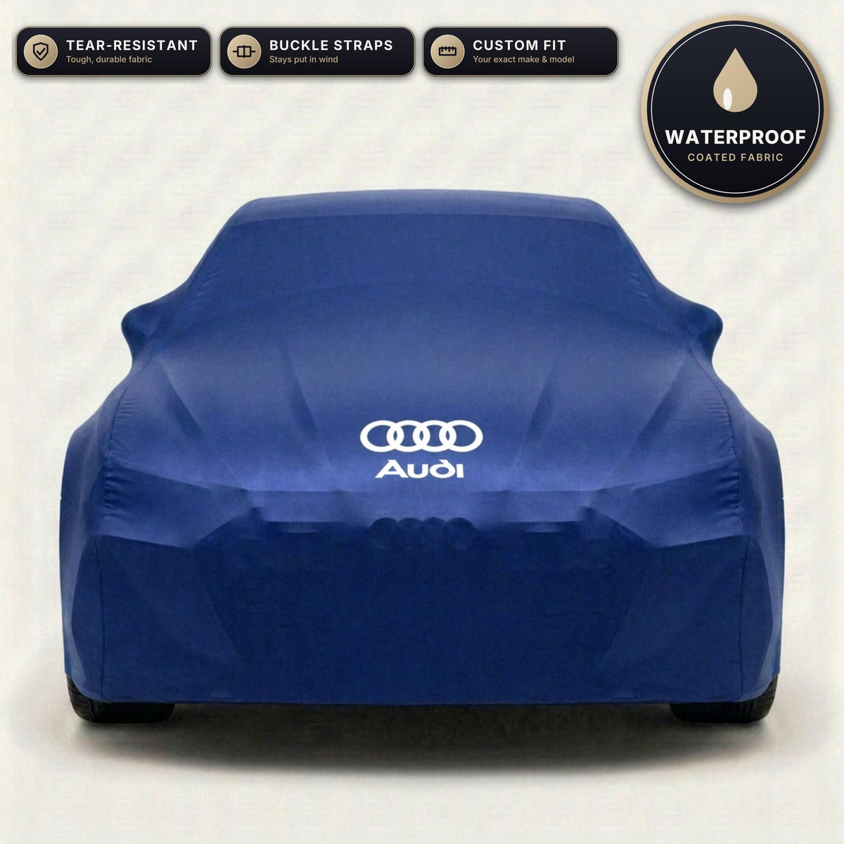 Blue Audi outdoor car cover, waterproof and custom fit, with printed Audi logo