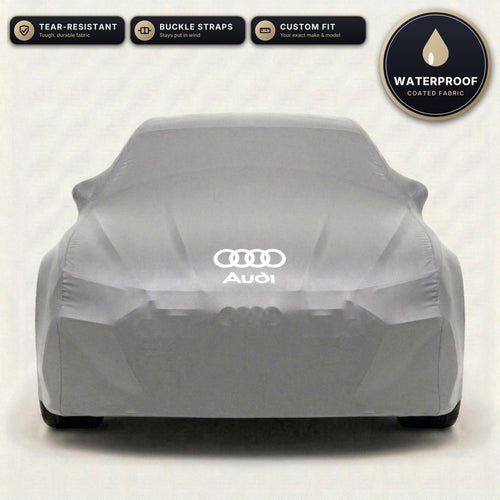 Gray Audi outdoor car cover, waterproof and custom fit, with printed Audi logo