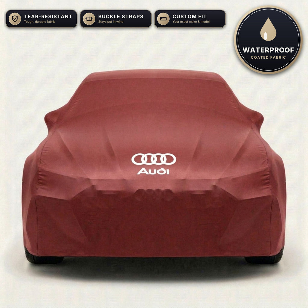 Red Audi outdoor car cover, waterproof and custom fit, with printed Audi logo