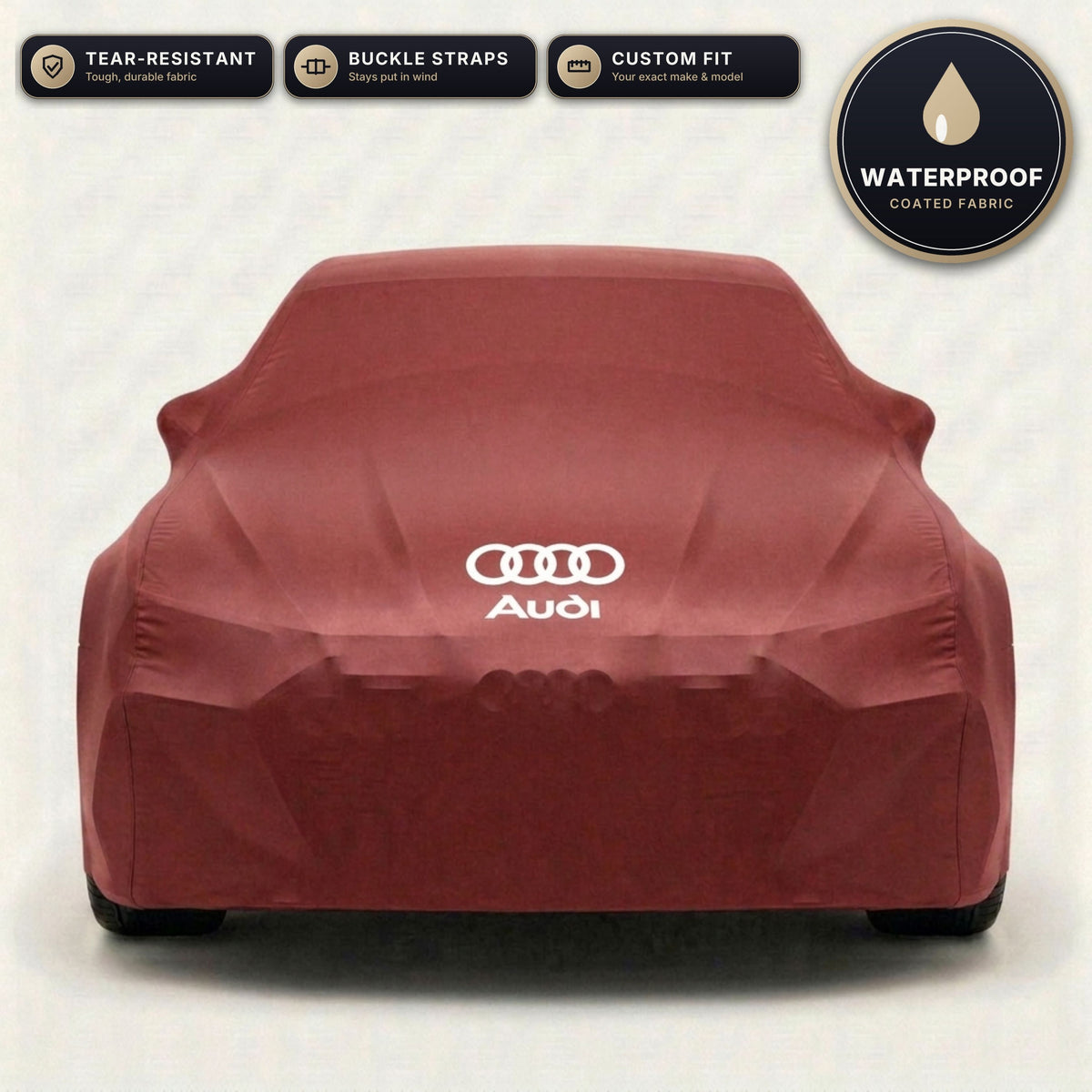 Red Audi outdoor car cover, waterproof and custom fit, with printed Audi logo