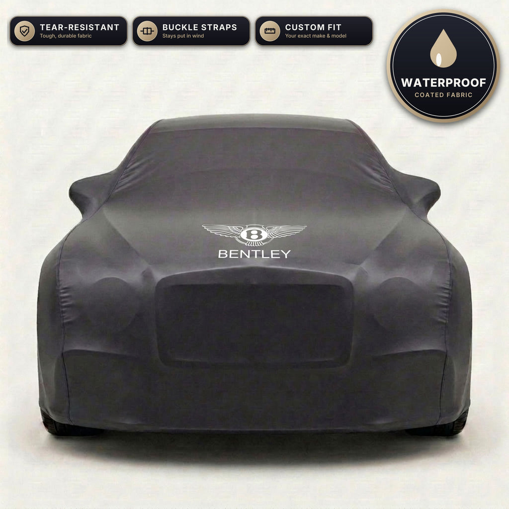 Black Bentley outdoor car cover, waterproof and custom fit, with printed Bentley logo