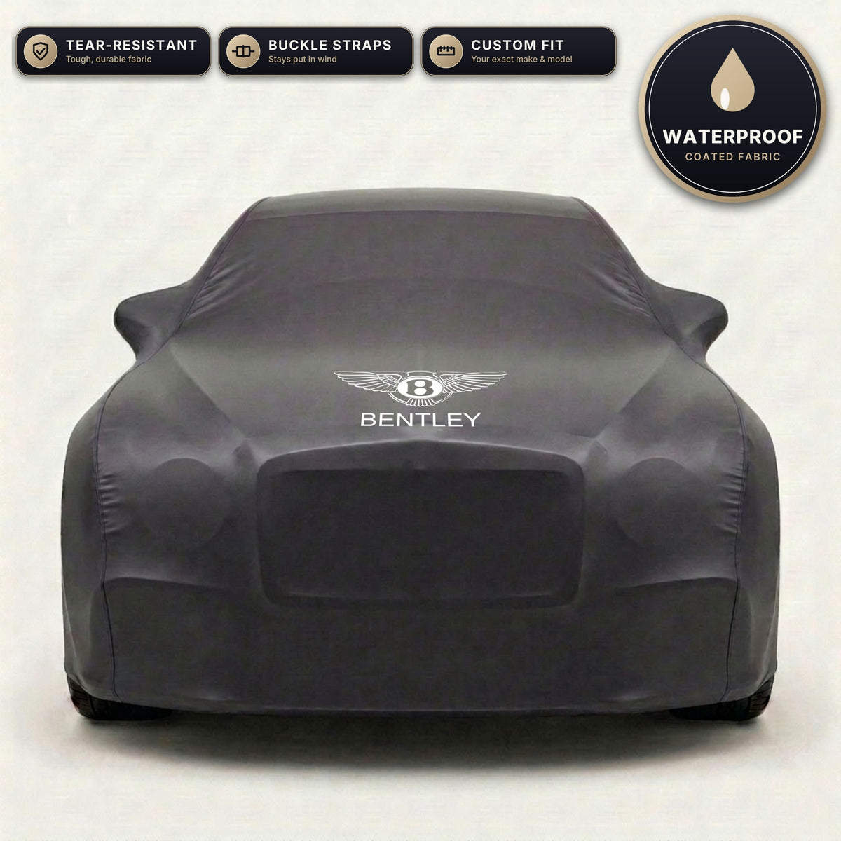 Black Bentley outdoor car cover, waterproof and custom fit, with printed Bentley logo