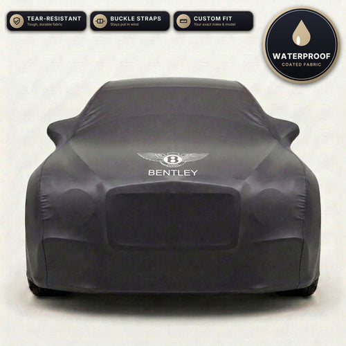 Black Bentley outdoor car cover, waterproof and custom fit, with printed Bentley logo