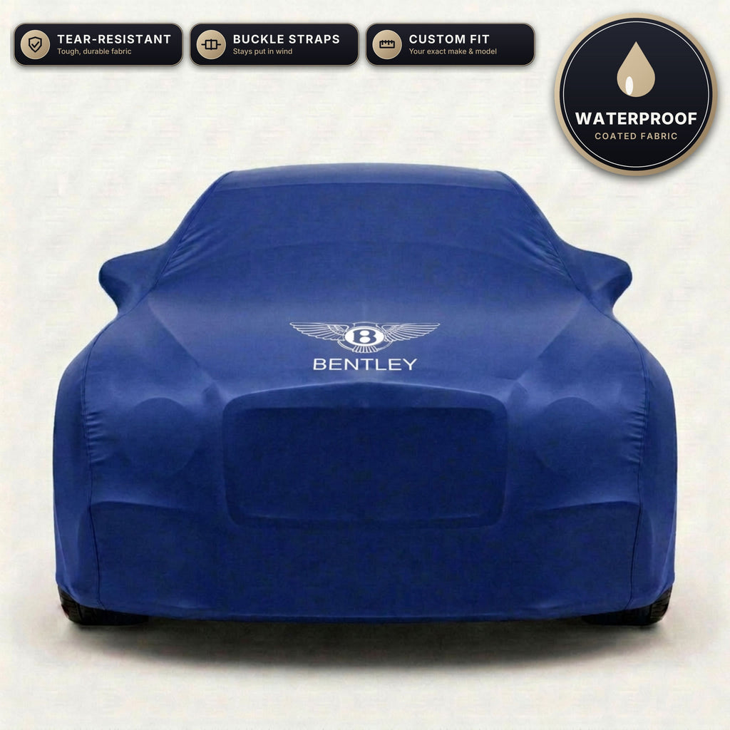 Blue Bentley outdoor car cover, waterproof and custom fit, with printed Bentley logo