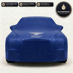 Blue Bentley outdoor car cover, waterproof and custom fit, with printed Bentley logo