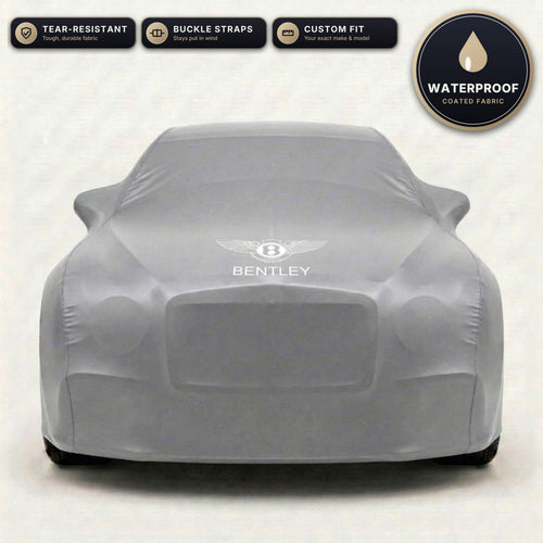 Gray Bentley outdoor car cover, waterproof and custom fit, with printed Bentley logo