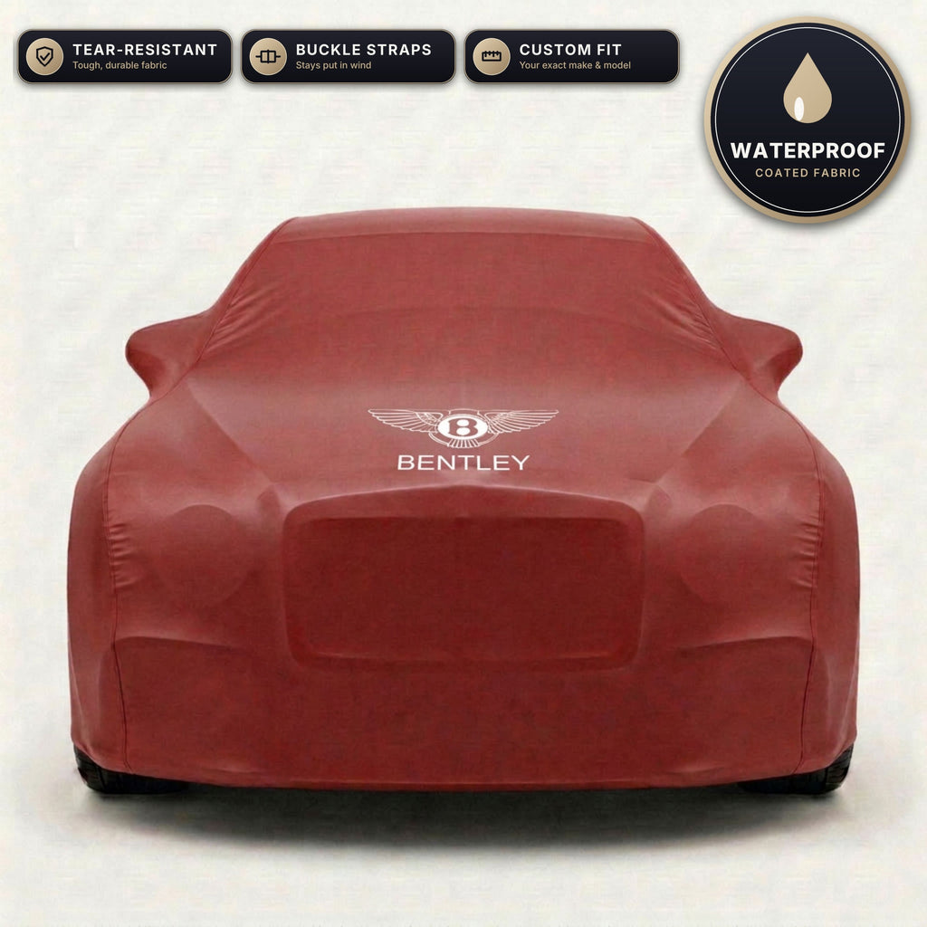 Red Bentley outdoor car cover, waterproof and custom fit, with printed Bentley logo