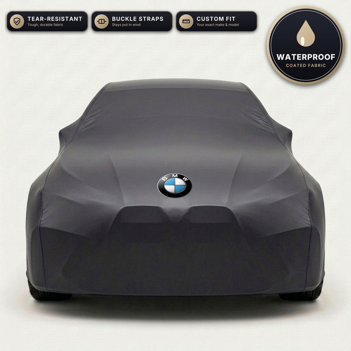 Black BMW outdoor car cover, waterproof and custom fit, with printed BMW logo