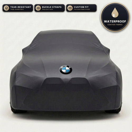 Black BMW outdoor car cover, waterproof and custom fit, with printed BMW logo