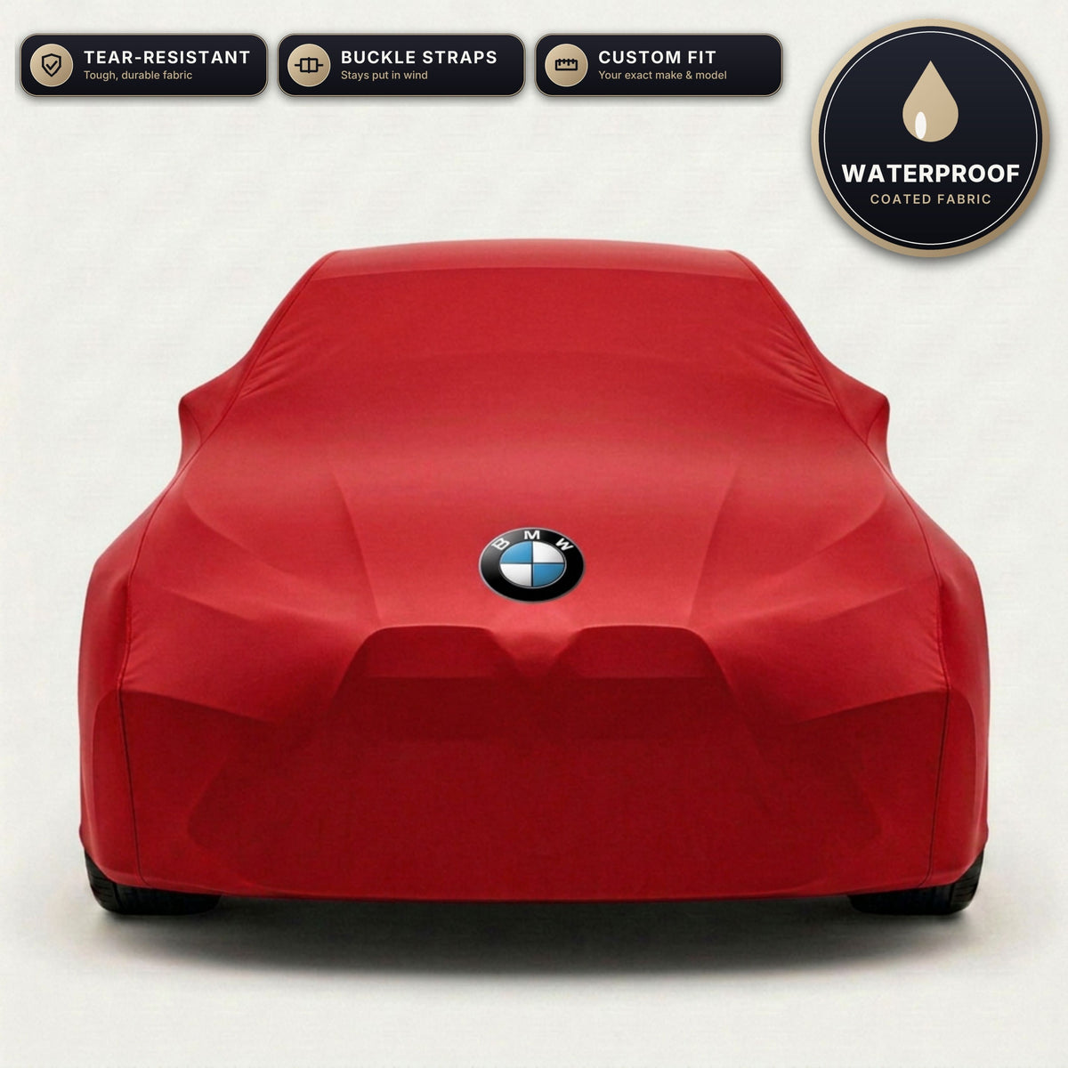Red BMW outdoor car cover, waterproof and custom fit, with printed BMW logo