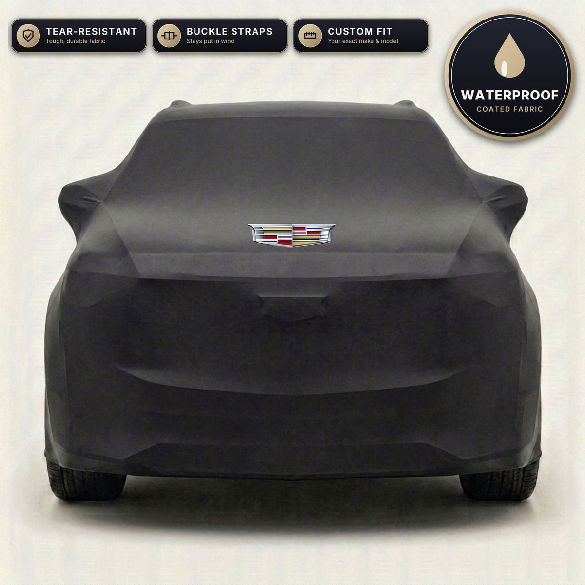 Black Cadillac outdoor car cover, waterproof and custom fit, with printed Cadillac logo