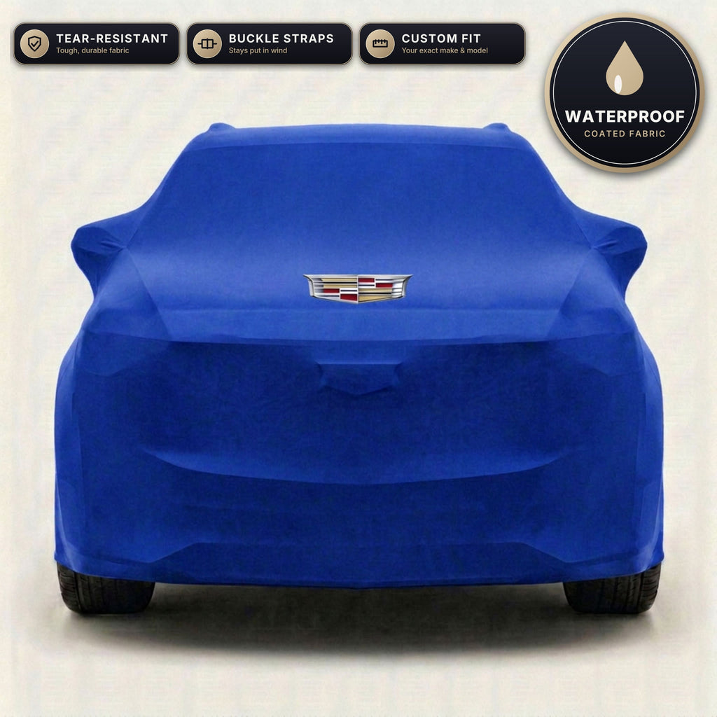 Blue Cadillac outdoor car cover, waterproof and custom fit, with printed Cadillac logo
