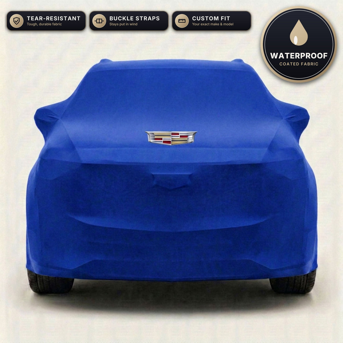 Blue Cadillac outdoor car cover, waterproof and custom fit, with printed Cadillac logo