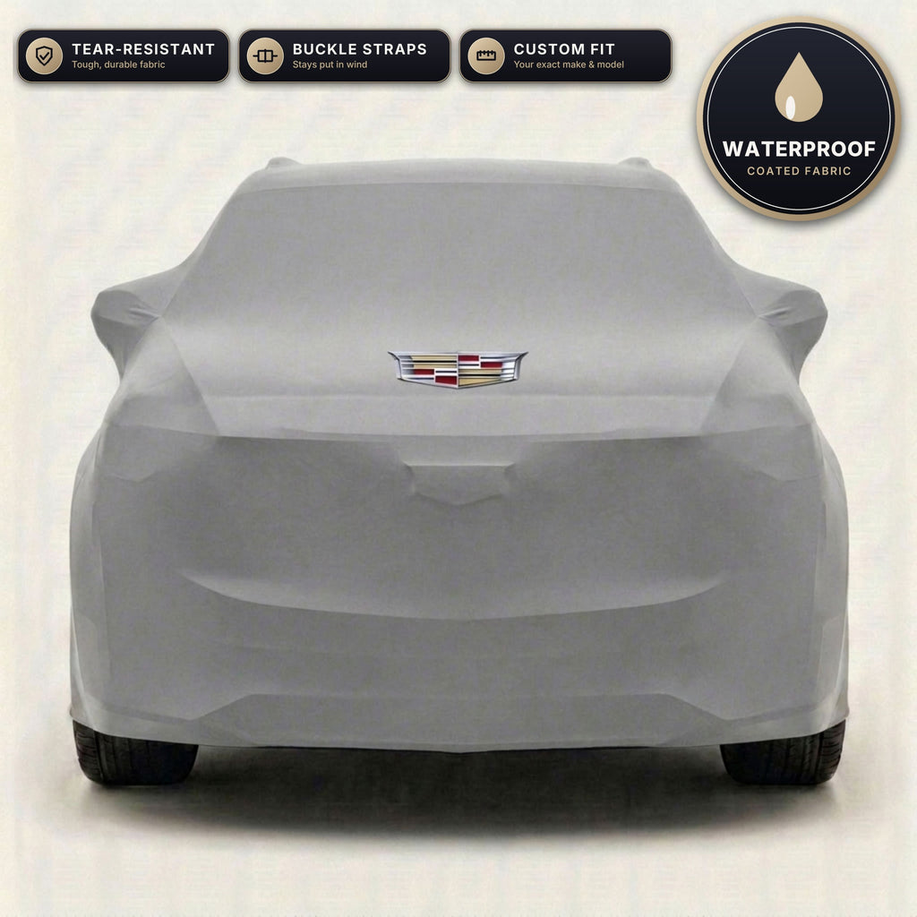 Gray Cadillac outdoor car cover, waterproof and custom fit, with printed Cadillac logo