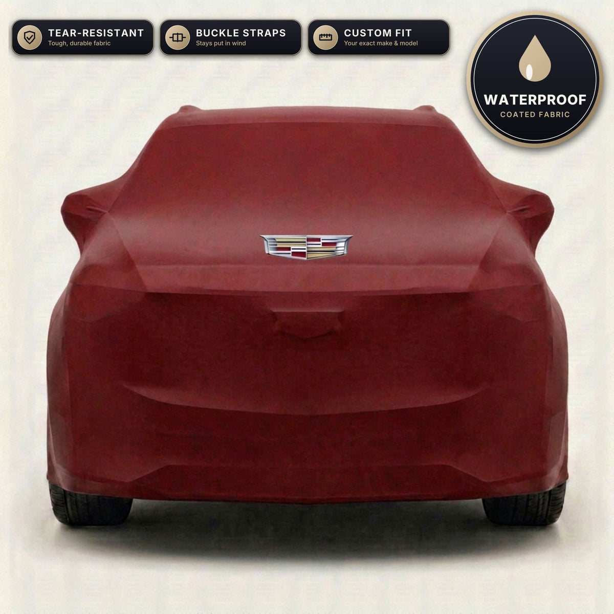 Red Cadillac outdoor car cover, waterproof and custom fit, with printed Cadillac logo