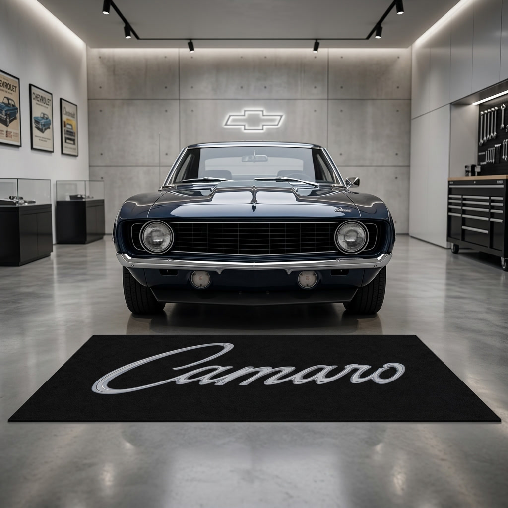 Camaro script garage mat premium logo rug 5x7 ft – Luxe Garage Lab
