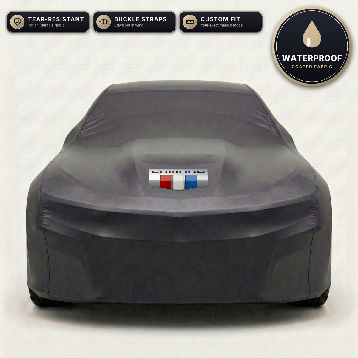 Black Chevrolet Camaro outdoor car cover, waterproof and custom fit, with printed Camaro logo