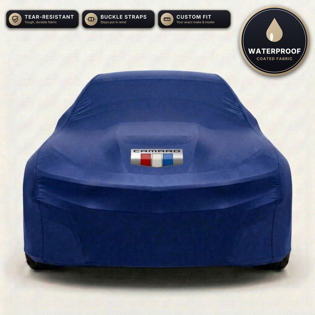 Blue Chevrolet Camaro outdoor car cover, waterproof and custom fit, with printed Camaro logo
