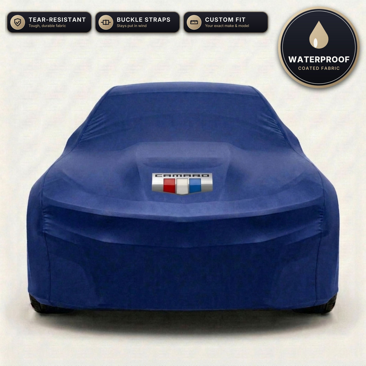 Blue Chevrolet Camaro outdoor car cover, waterproof and custom fit, with printed Camaro logo