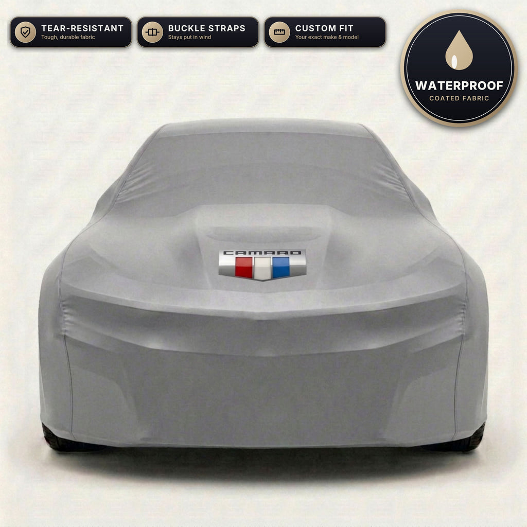 Gray Chevrolet Camaro outdoor car cover, waterproof and custom fit, with printed Camaro logo