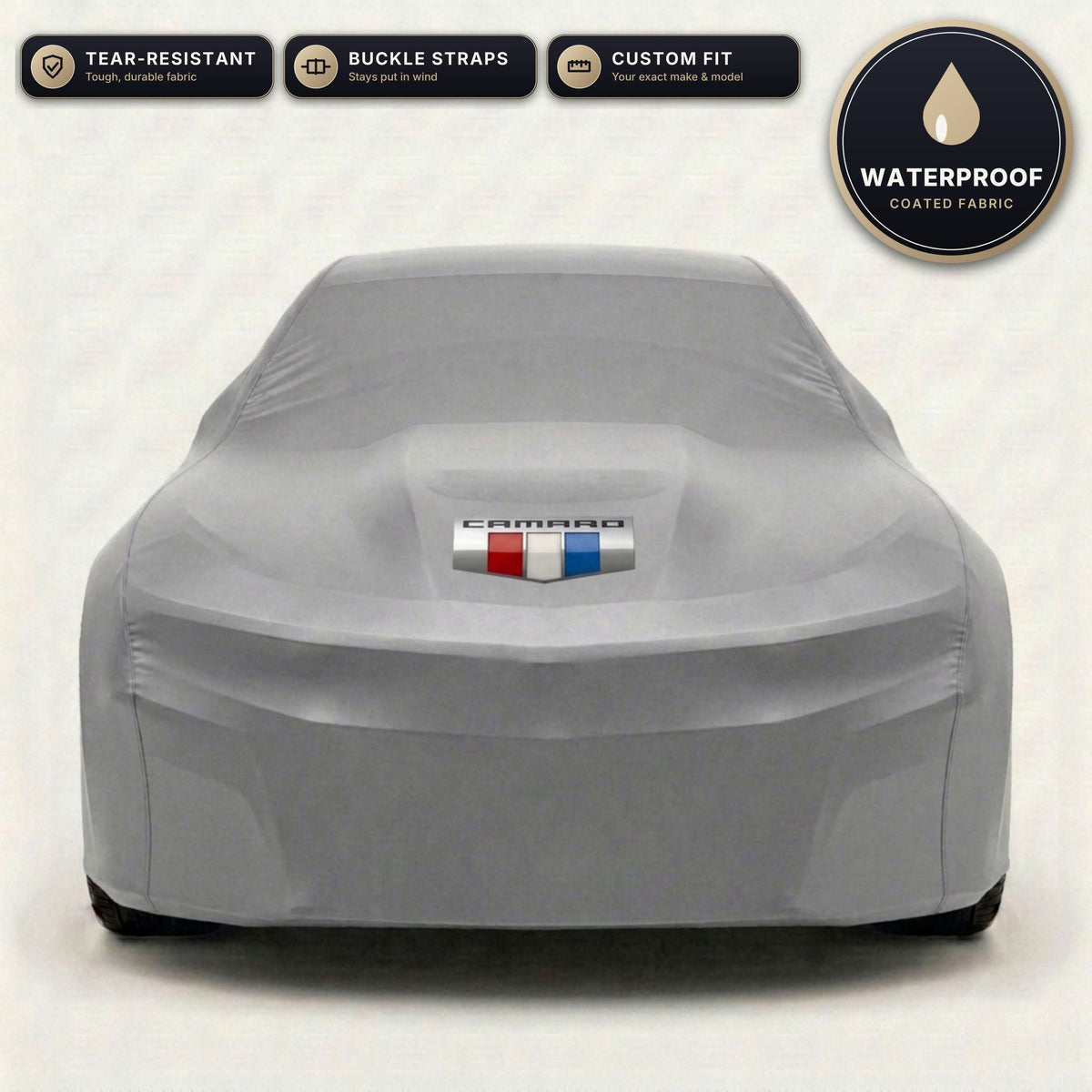Gray Chevrolet Camaro outdoor car cover, waterproof and custom fit, with printed Camaro logo