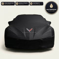 Black Corvette outdoor car cover, waterproof and custom fit, with printed Corvette logo