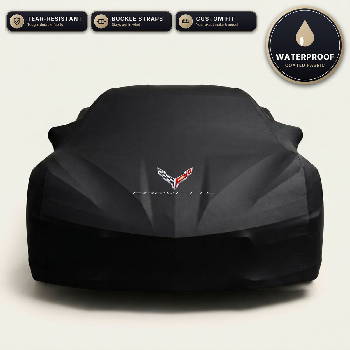 Black Corvette outdoor car cover, waterproof and custom fit, with printed Corvette logo