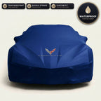 Blue Corvette outdoor car cover, waterproof and custom fit, with printed Corvette logo