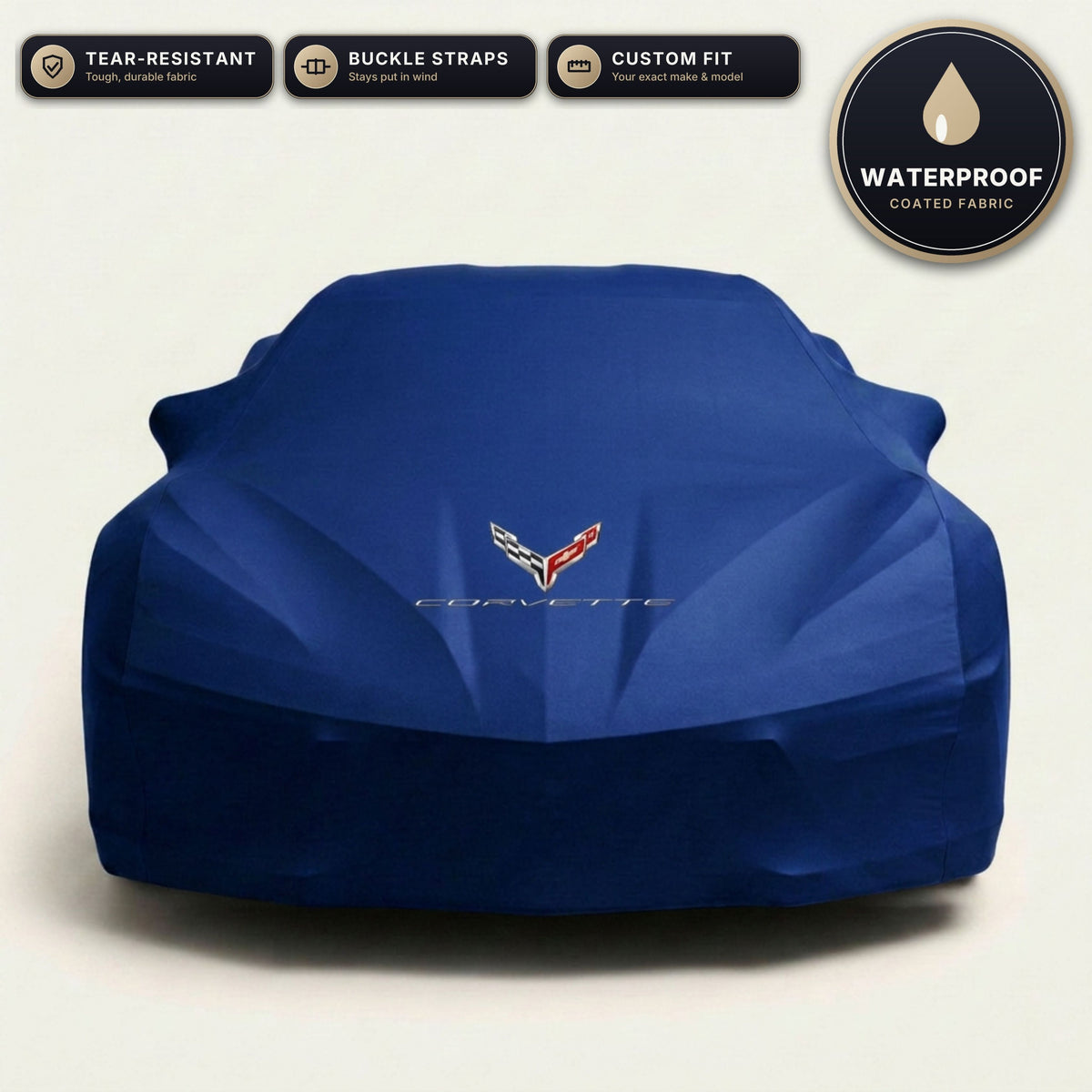 Blue Corvette outdoor car cover, waterproof and custom fit, with printed Corvette logo