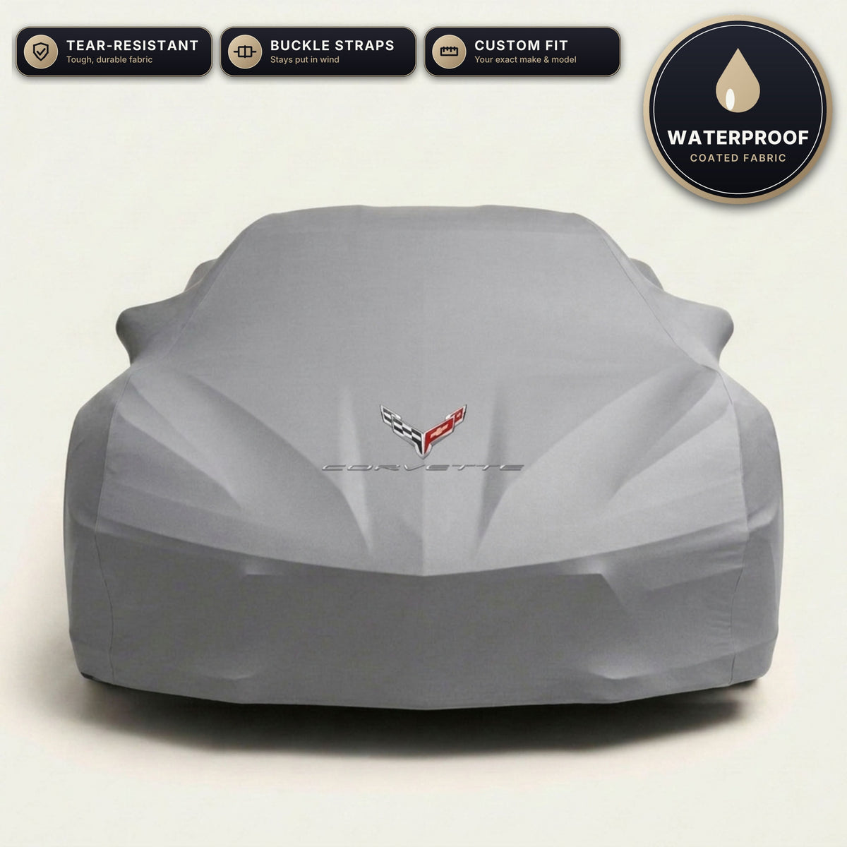 Gray Corvette outdoor car cover, waterproof and custom fit, with printed Corvette logo
