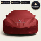 Red Corvette outdoor car cover, waterproof and custom fit, with printed Corvette logo