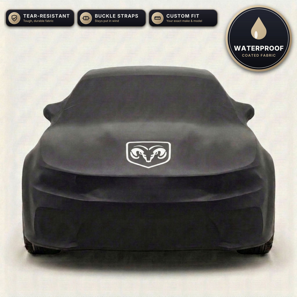 Black Dodge outdoor car cover, waterproof and custom fit, with printed Dodge logo