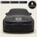 Black Dodge outdoor car cover, waterproof and custom fit, with printed Dodge logo