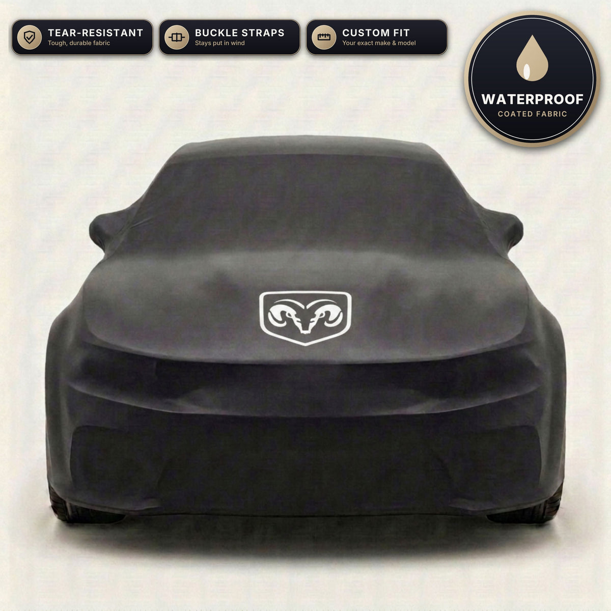 Black Dodge outdoor car cover, waterproof and custom fit, with printed Dodge logo