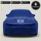 Blue Dodge outdoor car cover, waterproof and custom fit, with printed Dodge logo