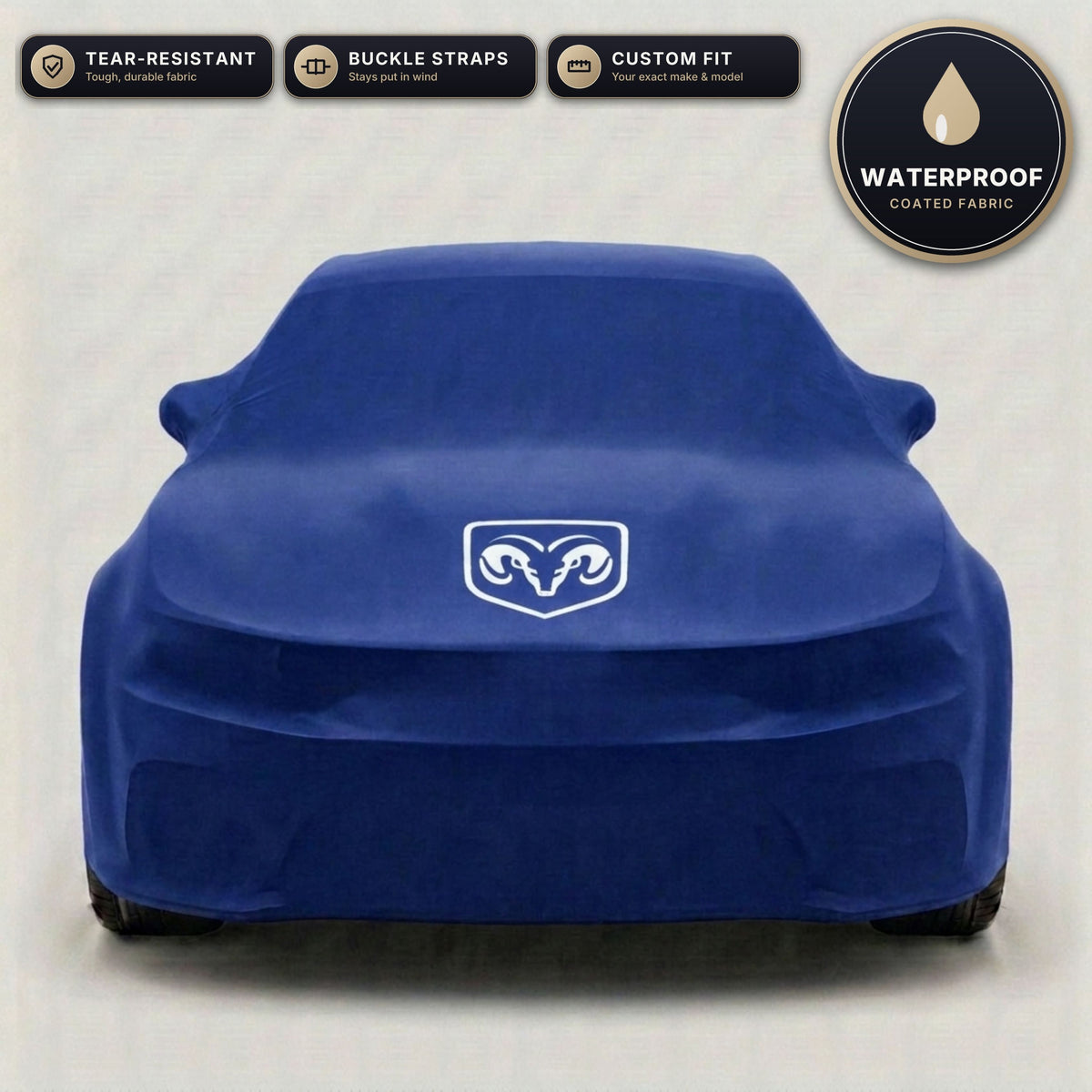 Blue Dodge outdoor car cover, waterproof and custom fit, with printed Dodge logo