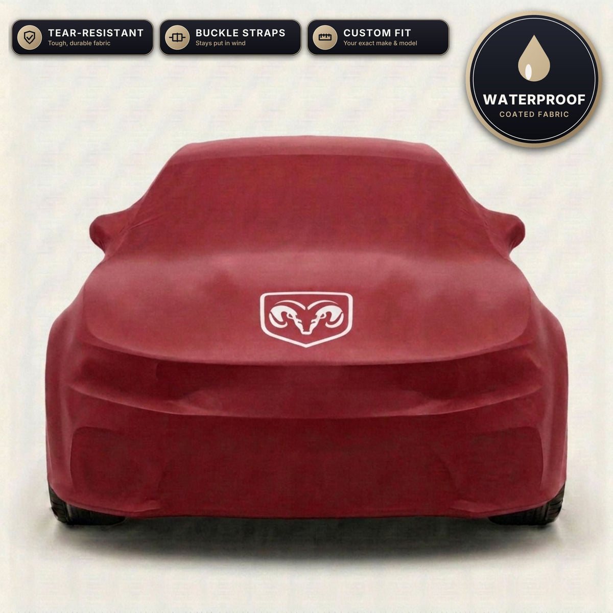 Red Dodge outdoor car cover, waterproof and custom fit, with printed Dodge logo