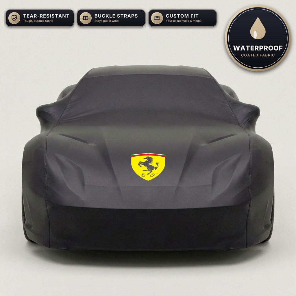 Black Ferrari outdoor car cover, waterproof and custom fit, with printed Ferrari logo