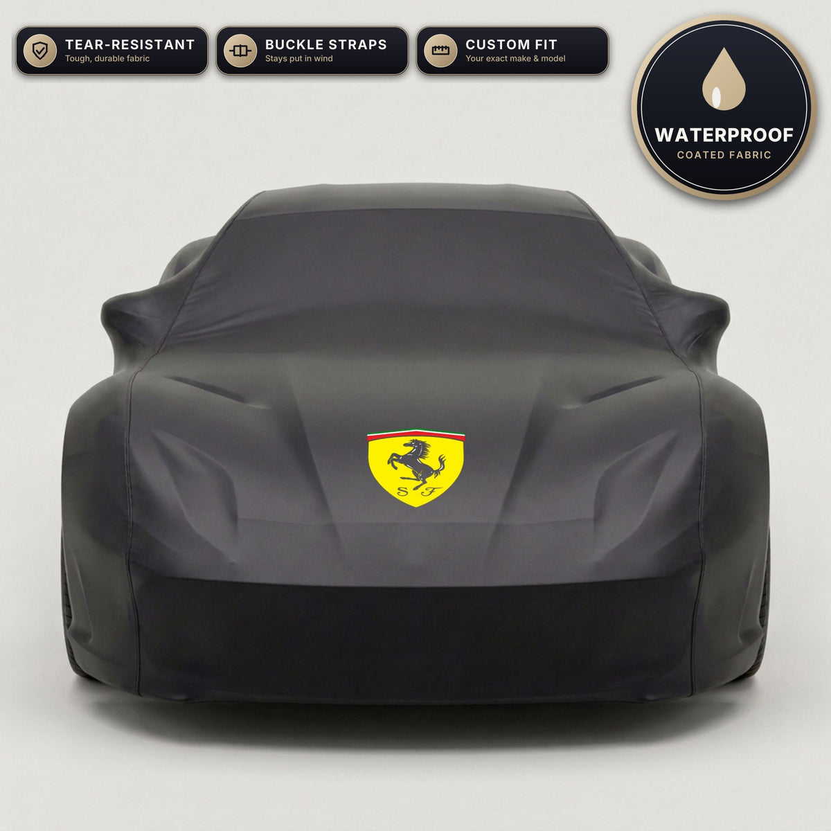 Black Ferrari outdoor car cover, waterproof and custom fit, with printed Ferrari logo