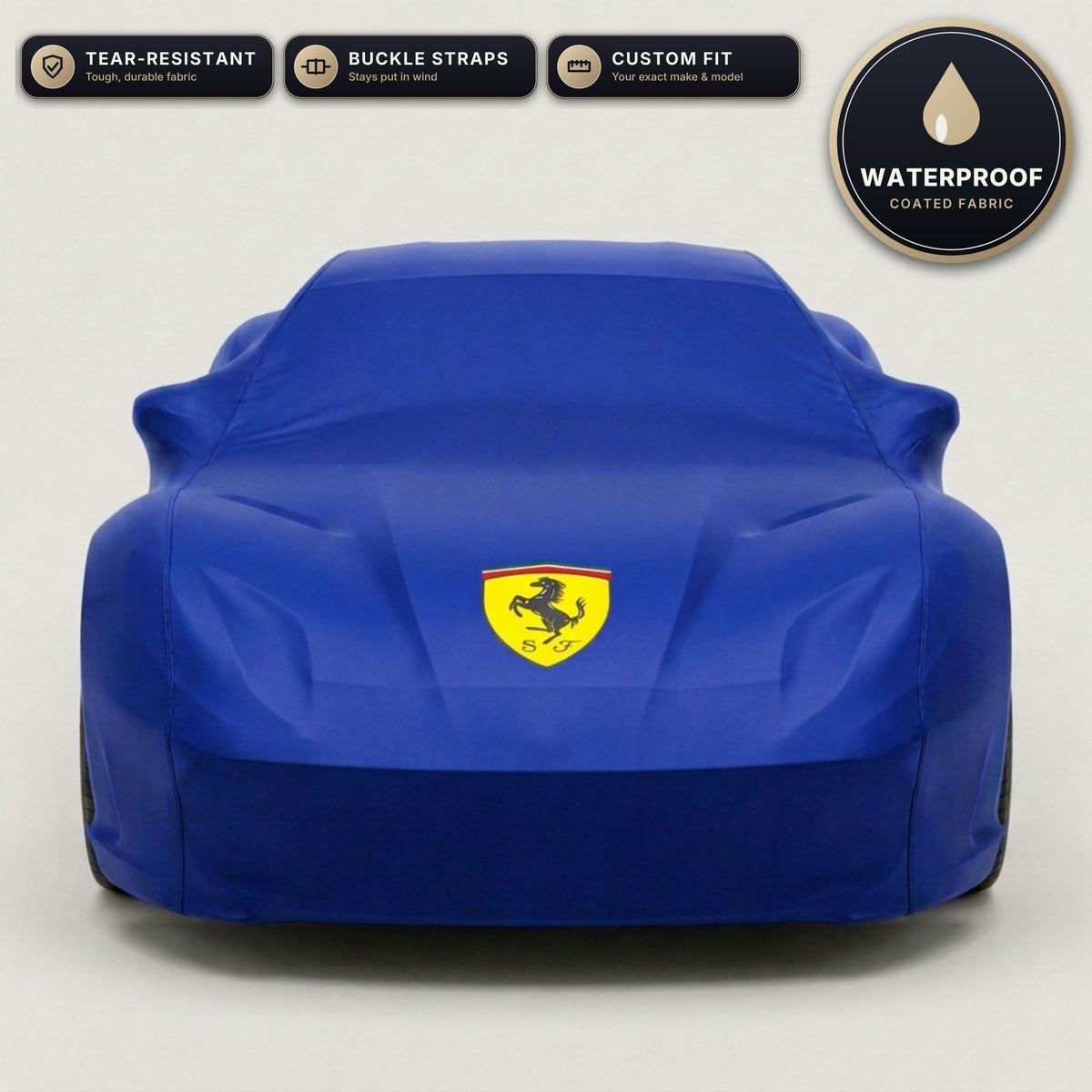 Blue Ferrari outdoor car cover, waterproof and custom fit, with printed Ferrari logo