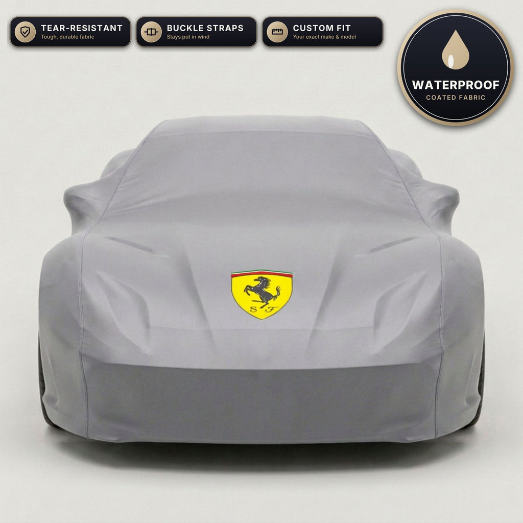 Gray Ferrari outdoor car cover, waterproof and custom fit, with printed Ferrari logo