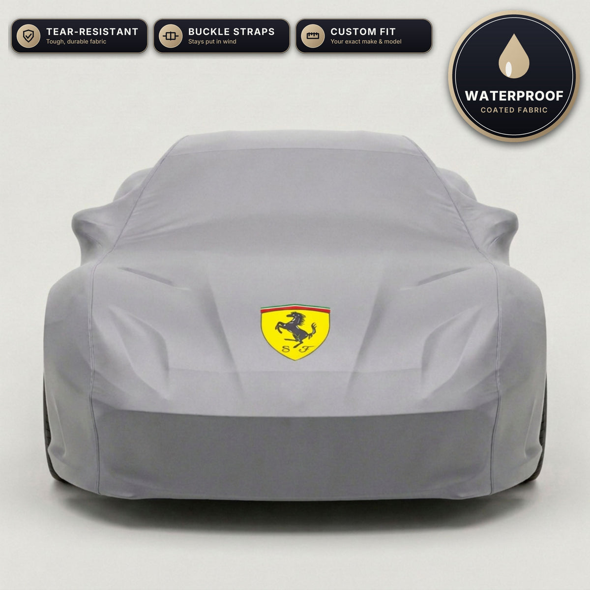 Gray Ferrari outdoor car cover, waterproof and custom fit, with printed Ferrari logo