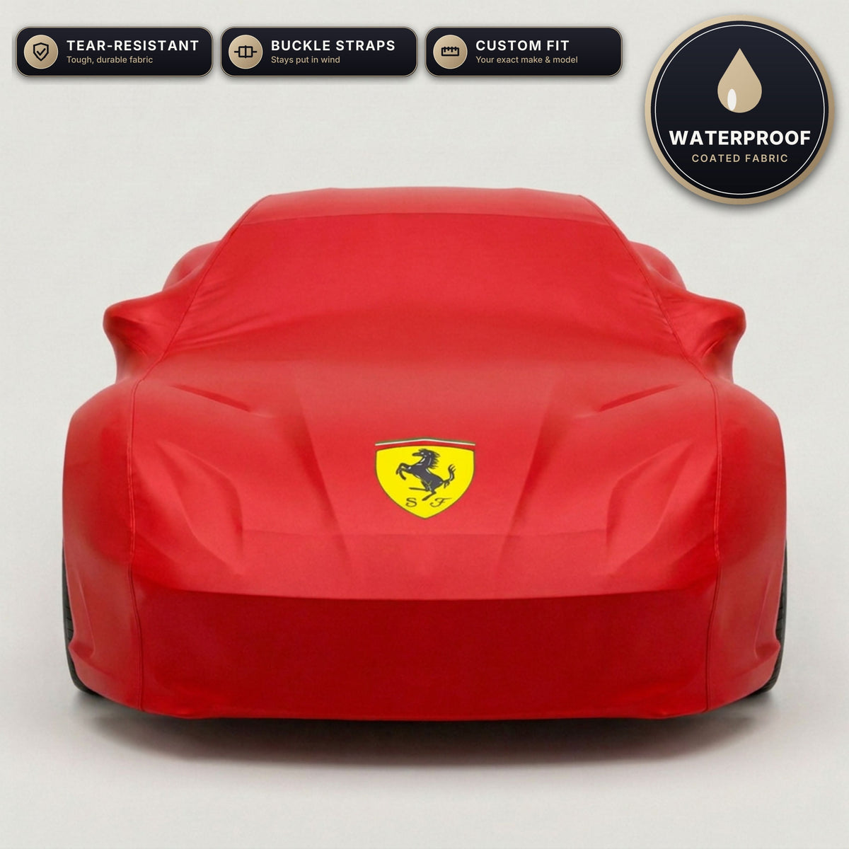 Red Ferrari outdoor car cover, waterproof and custom fit, with printed Ferrari logo