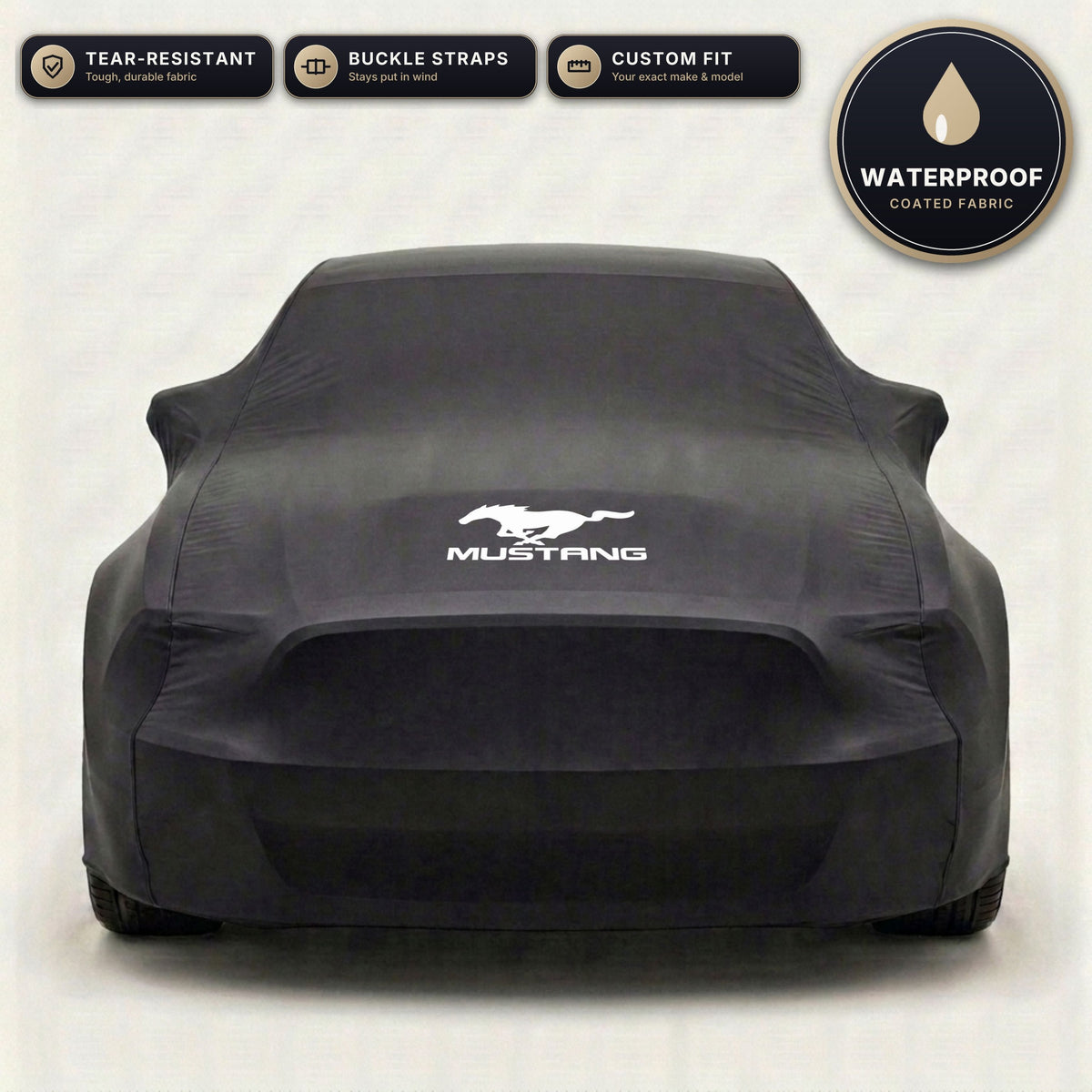 Black Ford Mustang outdoor car cover, waterproof and custom fit, with printed Mustang logo