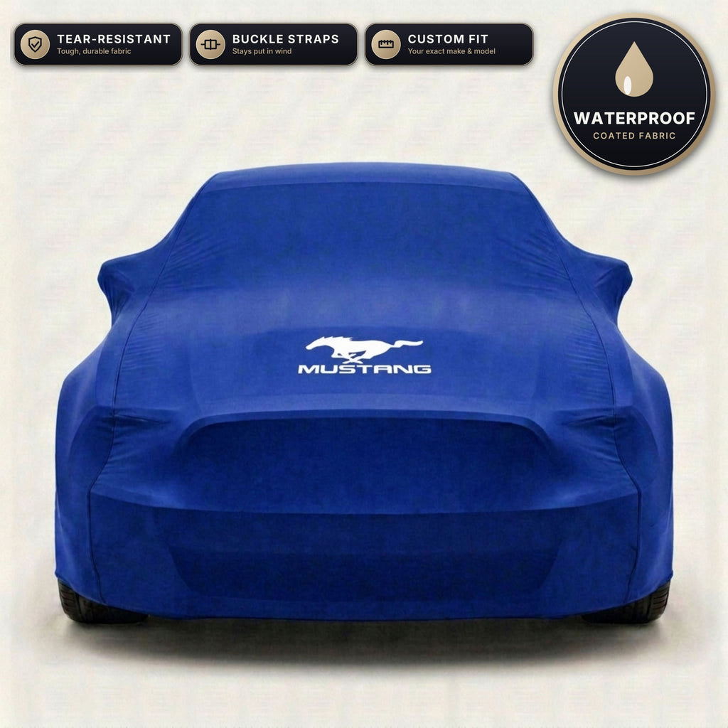 Blue Ford Mustang outdoor car cover, waterproof and custom fit, with printed Mustang logo