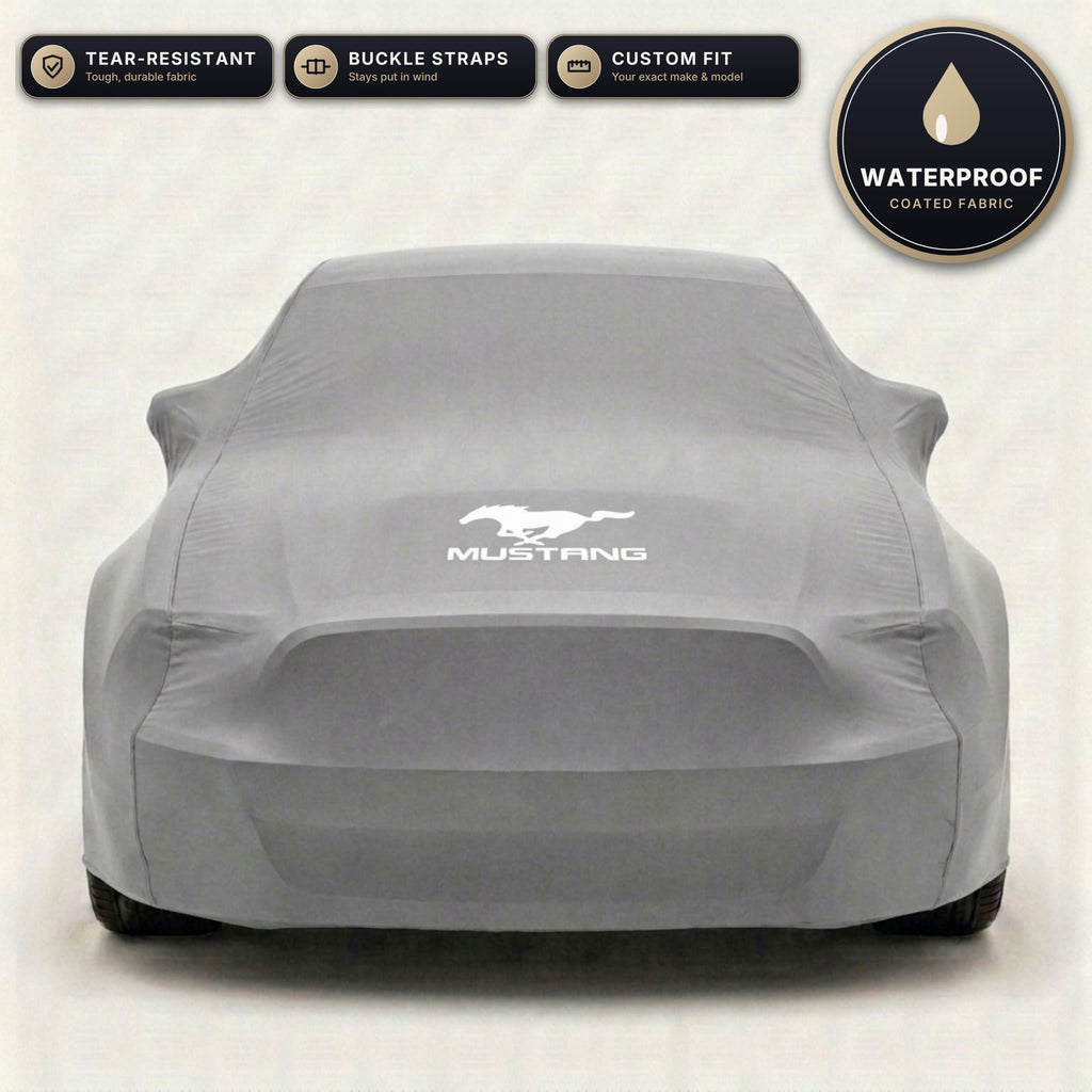 Gray Ford Mustang outdoor car cover, waterproof and custom fit, with printed Mustang logo