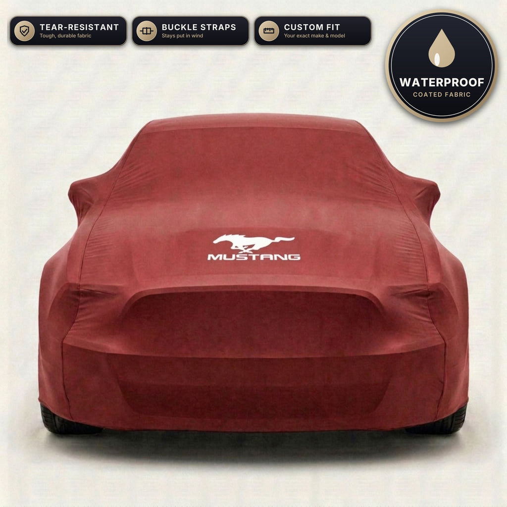 Red Ford Mustang outdoor car cover, waterproof and custom fit, with printed Mustang logo